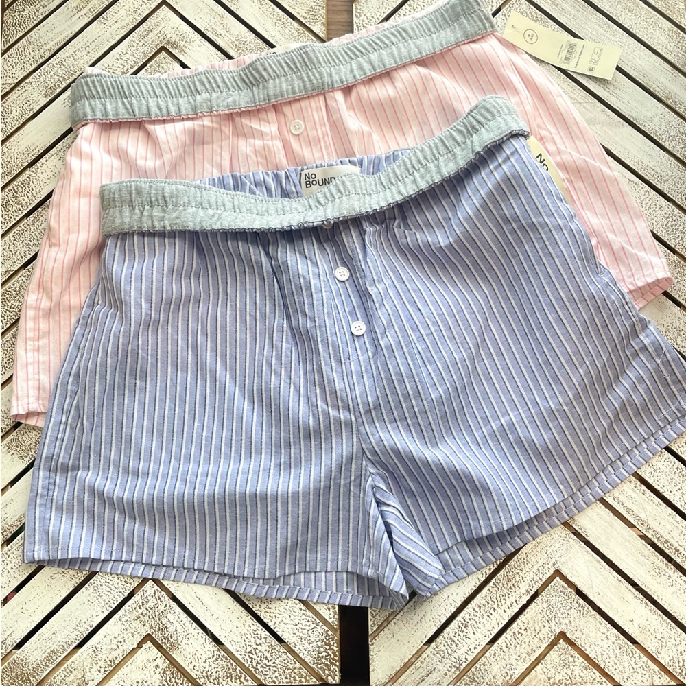 NWT No Boundaries Pink Blue Striped Cotton Pajama PJ Shorts Two Pair Sz M